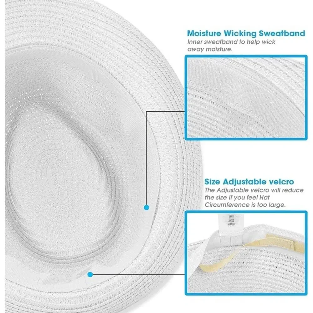 Unisex Straw Fedora Trilby Hat UPF 50+ Packable Summer Beach Sun Hat Size L/XL‎